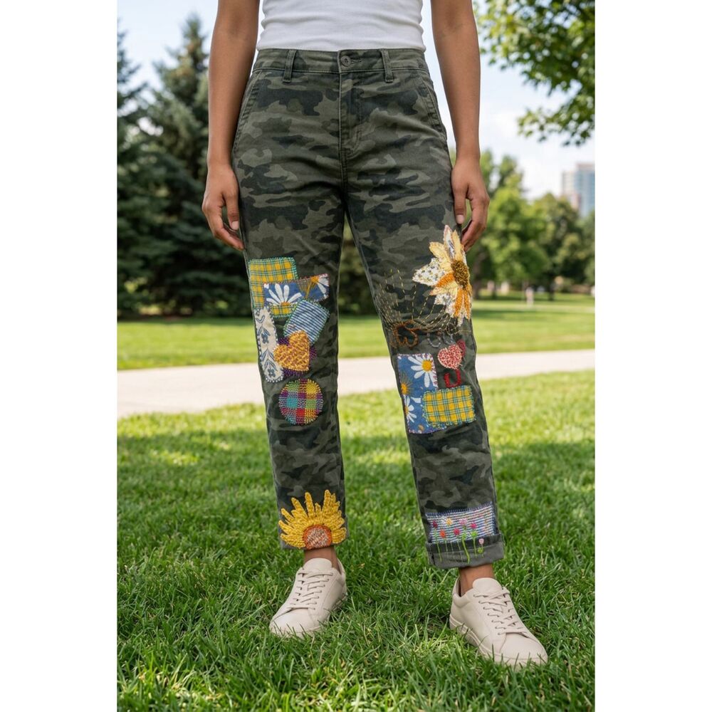 Upcycled, Hand Stitched, "Jesus Loves U" camo pants Size 4/27